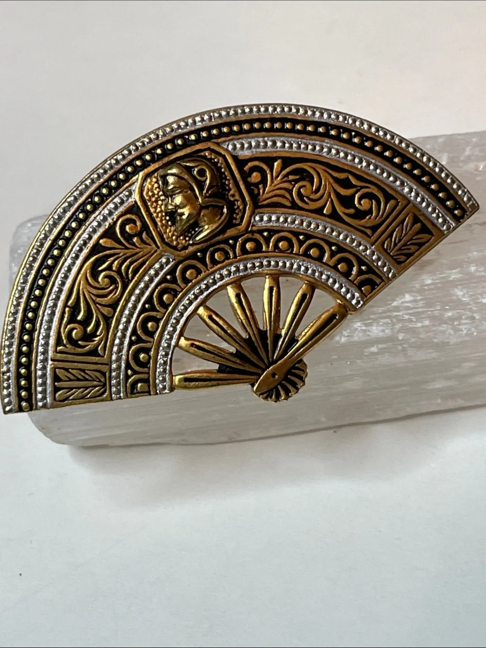 Vintage Two Damascene Brooches from Spain Swordfish & Fan